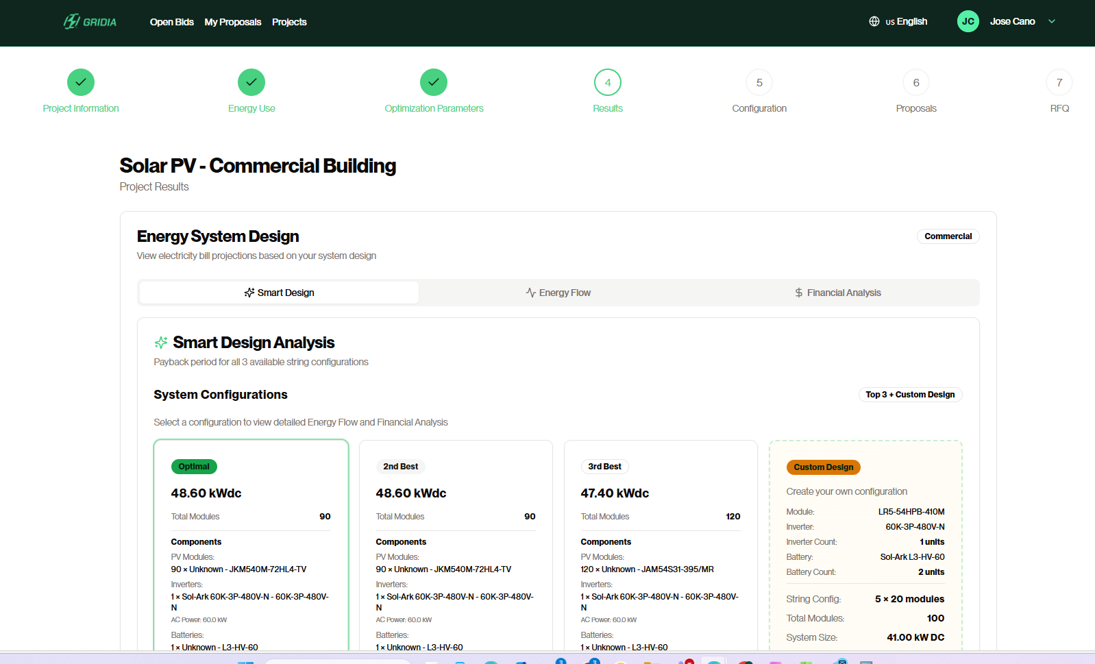 Gridia platform — solar PV design and procurement workflow